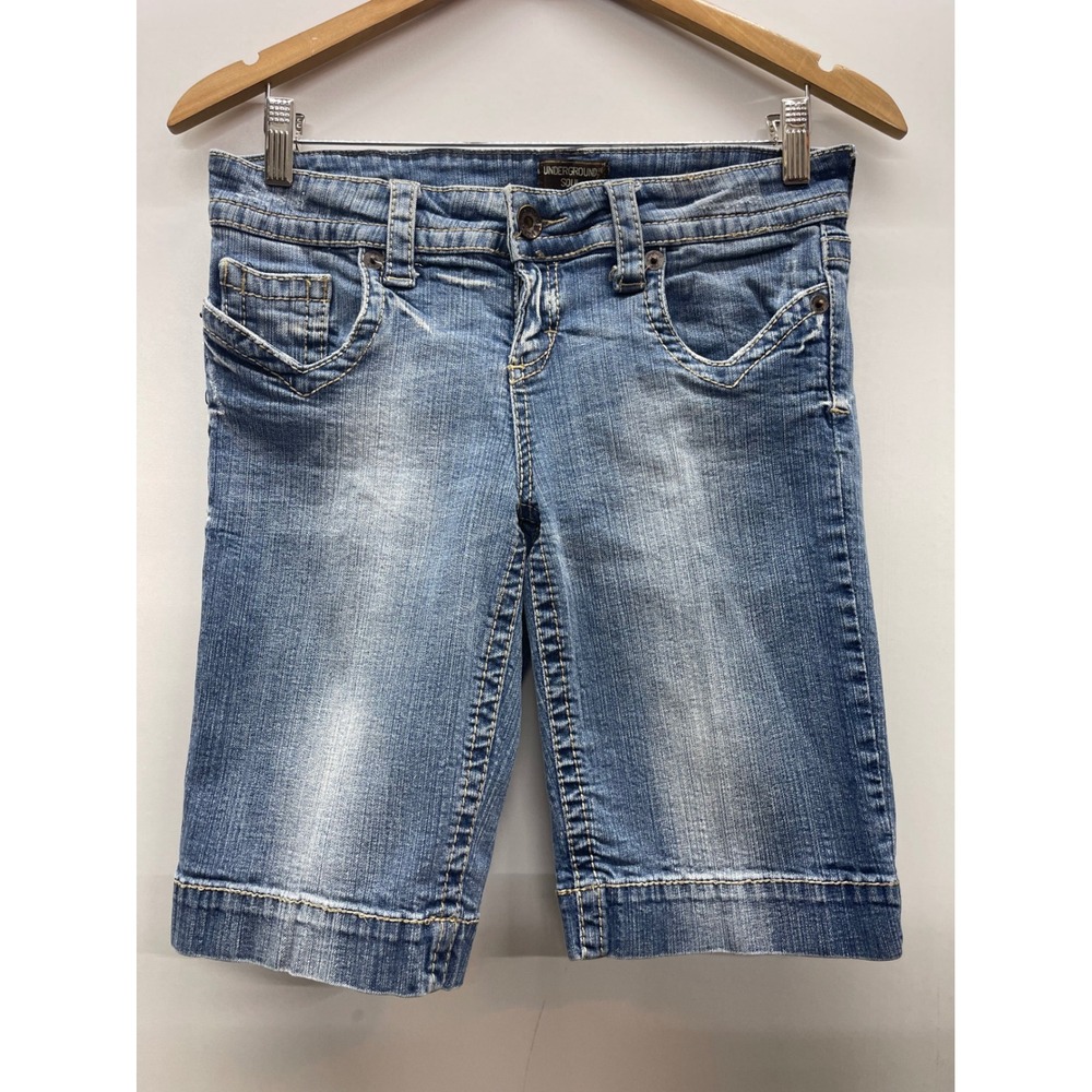 Underground Soul Womens Denim Bermuda Shorts Blue Size 9 Y2K Embroidered Pockets
